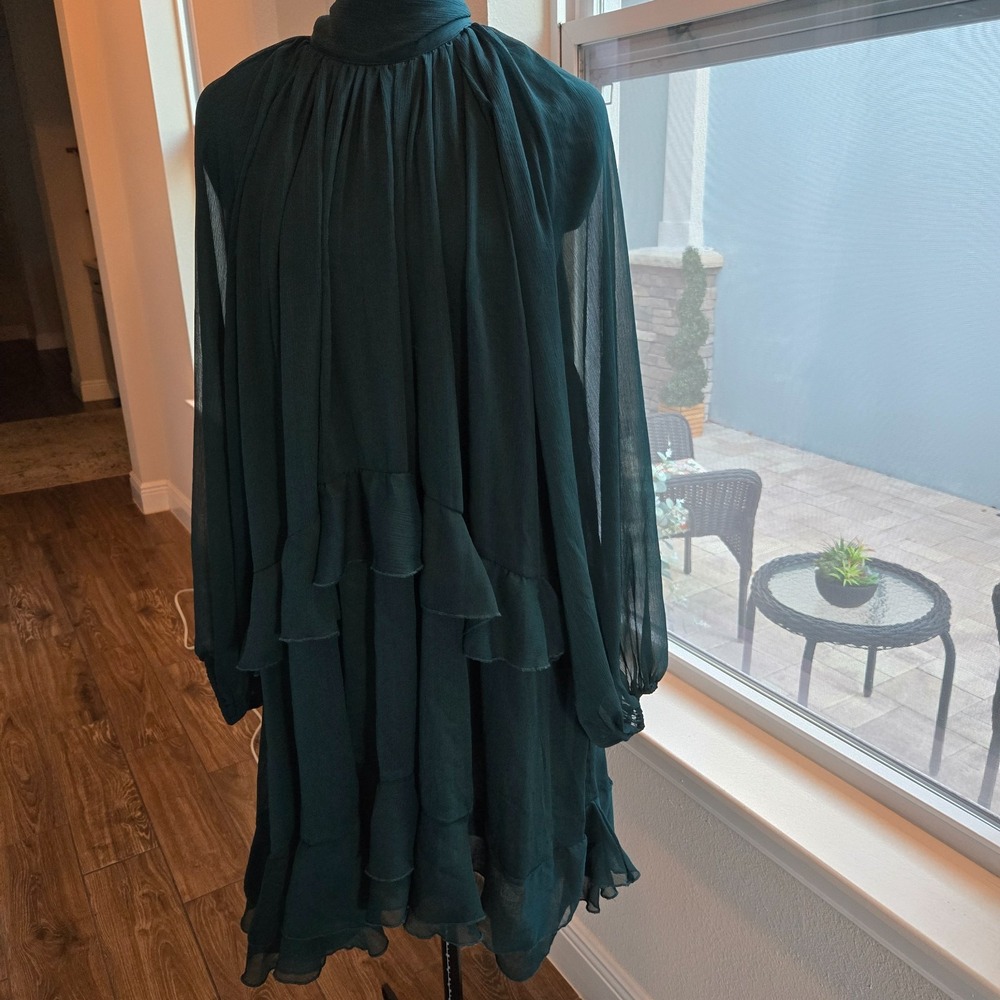 Truly 4 You Womens Tiered Flowy Dress Green Sz XL Long Sheer Sleeves Bow Collar